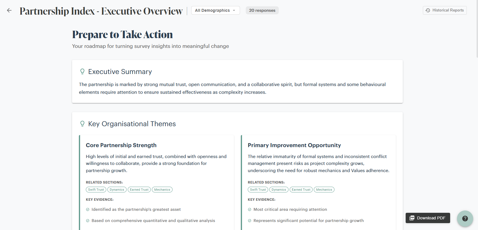 Partnership Index action plan and executive summary dashboard